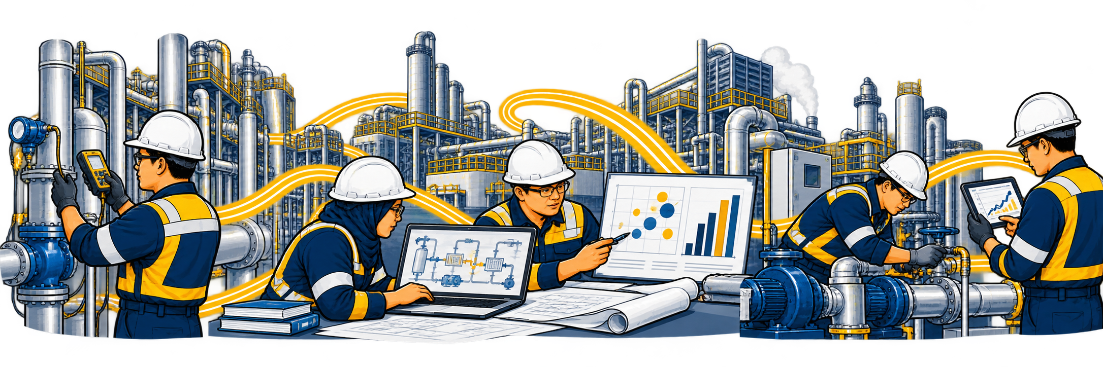Nordstern engineering team measuring industrial equipment, analysing process flows, prioritising improvements and checking results